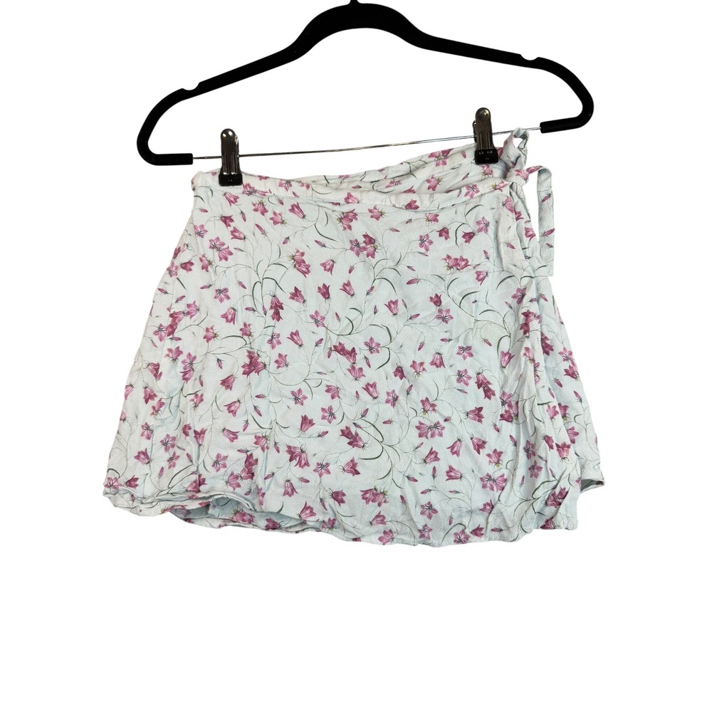 Sun-deh Floral Wrap Mini Skirt Light Blue Pink Flower Print XS